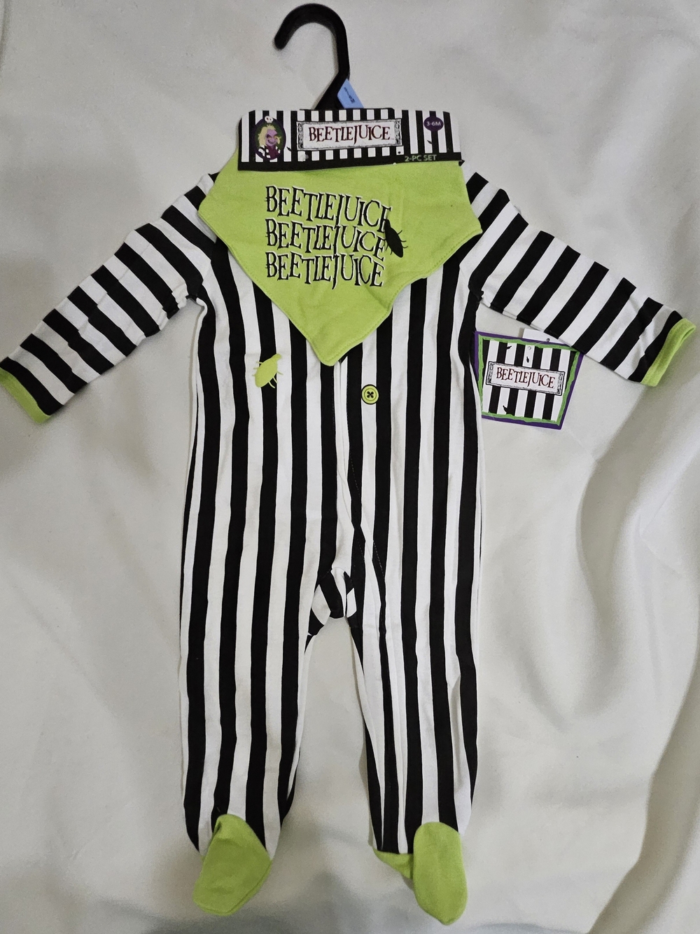 Beetlejuice Kids Black & White Striped One-Piece with Green Accent